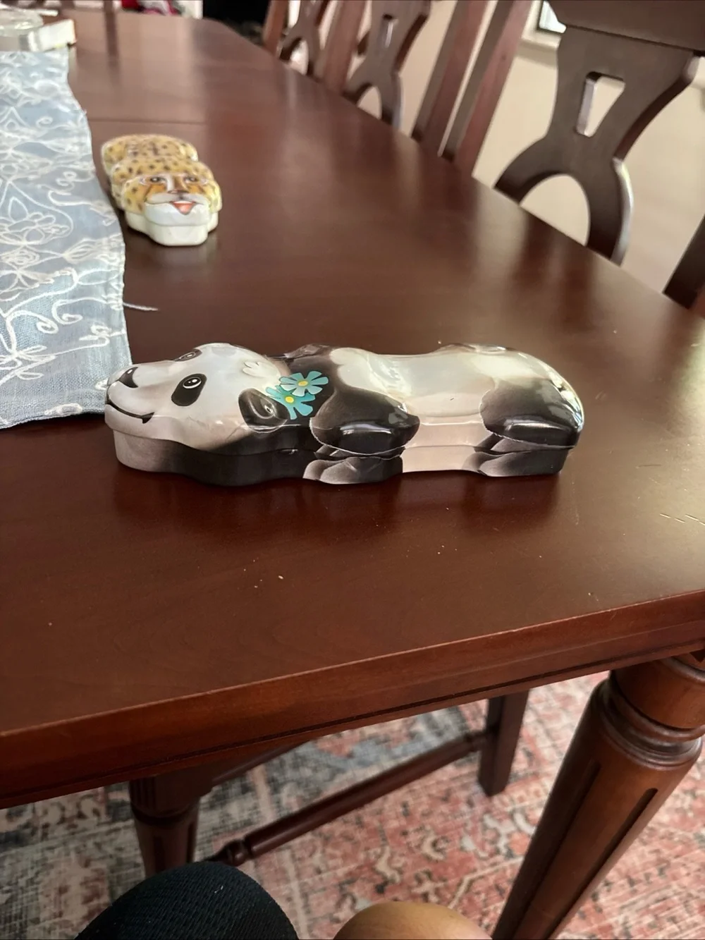 Vintage Panda Bear Hinged Trinket Box Blue Flower Figural Keepsake Jewelry Box